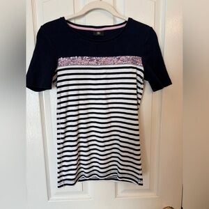 Bogner Striped Navy and White T-Shirt with Pink Sequin Detail Women’s M/L or 10